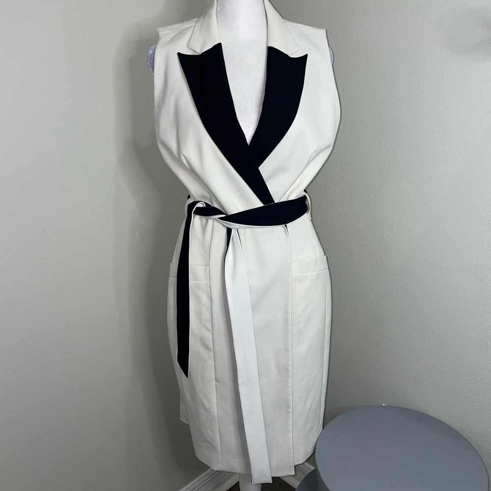 Calvin Klein Cream Sleeveless Midi Dress with Black Lapel and Belt